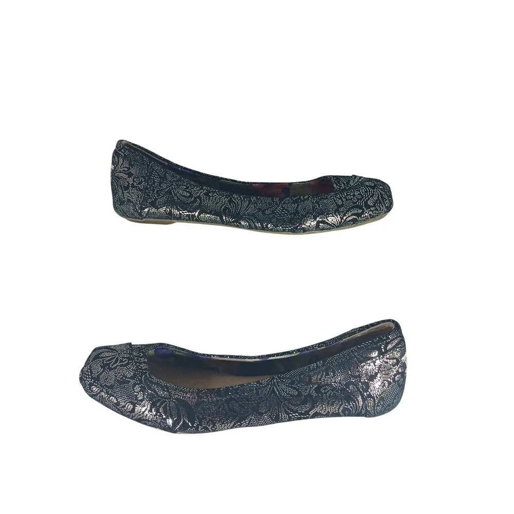Skechers BOBS Ballet Flats 8 Black Silver Metallic Lace Floral 34930 Shimmer